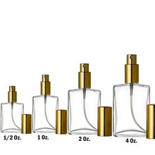 Cargar imagen en el visor de la galería, Mini Perfume Bottles and Large Perfume Bottles. Refillable Perfume Bottles all with Gold Spray top and Gold Over Caps to go with it. . Clear glass Flat Spray Bottles are in sizes 1/2 oz. 1 oz., 2 oz. and 4 oz.
