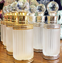 Cargar imagen en el visor de la galería, Fancy Glass Perfume Bottles with Crystal Ball Top in 15ml (1/2 oz.). Comes in Gold and Silver. This bottle holds perfume oils, attars and oud's.