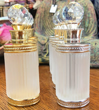 Cargar imagen en el visor de la galería, Fancy Glass Perfume Bottles with Crystal Ball Top in 15ml (1/2 oz.). Comes in Gold and Silver. This bottle holds perfume oils, attars and oud's.