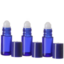 Load image into Gallery viewer, BLUE Glass Roll On Bottles - 5 ml - Plastic/PPE/Resin Rollerball Inserts - 1/6 oz.