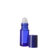 Load image into Gallery viewer, BLUE Glass Roll On Bottles - 5 ml - Plastic/PPE/Resin Rollerball Inserts - 1/6 oz.