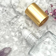 Load image into Gallery viewer, This wholesale perfume oil bottle comes with a plastic rollerball and gold shiny cap. Also known as a 15 ml glass jar.