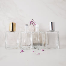 Load image into Gallery viewer, Rectangle perfume bottles showcasing insert and cap options. The 2 inner bottles show an angled view.