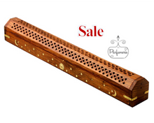 Load image into Gallery viewer, Wooden Brass Sun, Moon &amp; Stars 19" incense burner with storage compartment.