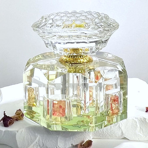 Crystal Perfume Bottle - Octagonal Base, Yellow/Orange Design