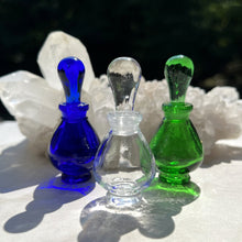 Load image into Gallery viewer, These Glass Fragrancia Perfume Bottles come in Clear Glass, Cobalt Blue Glass and Green Glass.