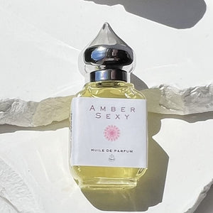 A travel Perfume Bottle of Amber Sexy in a 10 ml Gift Bottle with a pointed silver elegant cap.