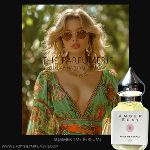 Amber Sexy perfume oil. Sexy oil for a sexy woman in the photo with sunglasses and a summer dress.