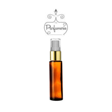 Load image into Gallery viewer, 10 ml amber glass perfume bottle with gold shiny spray top, white pump, clear cap