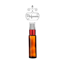 Load image into Gallery viewer, 10 ml amber glass travel atomizer with red shiny spray collar, white pump, clear cap