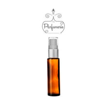 Load image into Gallery viewer, 10 ml amber glass atomizer with silver matte spray top, white pump, clear cap