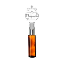 Load image into Gallery viewer, 10 ml amber glass perfume bottle with silver shiny spray collar, white pump, clear cap