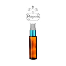 Load image into Gallery viewer, 10 ml amber glass travel atomizer with teal shiny spray top, white pump, clear cap