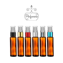 Load image into Gallery viewer, 10 ml fine mist refillable Amber glass travel atomizer with your choice of color spray top.