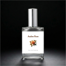 Load image into Gallery viewer, Amber Rose 1 oz Perfume Bottle with a silver sprayer cap. An atomizer spray perfume. 