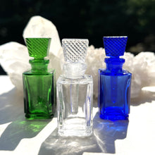 Load image into Gallery viewer, These Glass Fragrancia Perfume Bottles come in Clear Glass, Cobalt Blue Glass and Green Glass.