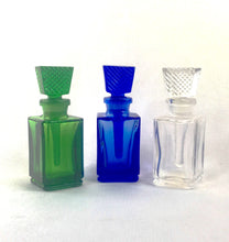 Load image into Gallery viewer, The Squared Attar Bottles come in Clear, Cobalt Blue and Green with Ground Glass Stopper Tops.