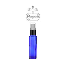 Load image into Gallery viewer, 10 ml blue glass fine mist atomizer with black shiny spray top, white pump, clear cap