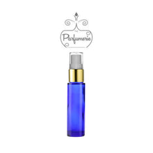 Load image into Gallery viewer, 10 ml blue glass perfume bottle with gold shiny spray top, white pump, clear cap