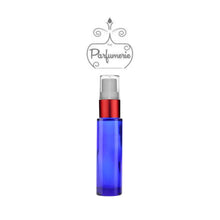 Load image into Gallery viewer, 10 ml blue glass travel atomizer with red shiny spray collar, white pump, clear cap
