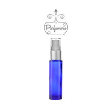 Load image into Gallery viewer, 10 ml blue glass atomizer with silver matte spray top, white pump, clear cap