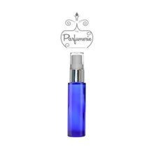Load image into Gallery viewer, 10 ml blue glass perfume bottle with silver shiny spray collar, white pump, clear cap