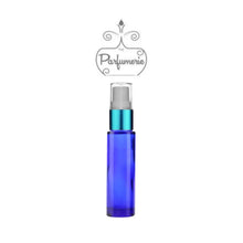 Load image into Gallery viewer, 10 ml blue glass travel atomizer with teal shiny spray top, white pump, clear cap