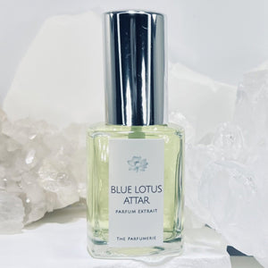 Blue Lotus Attar Essential Oil Perfume in a luxury perfume bottle. 30 ml Parfum Extrait with organic alcohol.