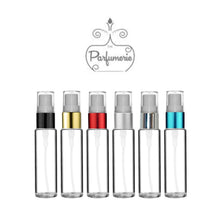 Load image into Gallery viewer, 10 ml fine mist refillable clear glass travel atomizer with your choice of color spray top.