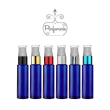 Load image into Gallery viewer, 10 ml fine mist refillable Cobalt glass travel atomizer with your choice of color spray top.