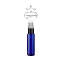 Load image into Gallery viewer, 10 ml cobalt glass fine mist atomizer with black shiny spray top, white pump, clear cap