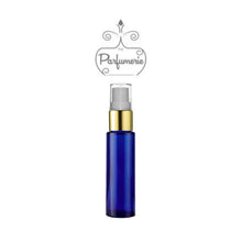 Load image into Gallery viewer, 10 ml cobalt glass perfume bottle with gold shiny spray top, white pump, clear cap