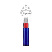 Load image into Gallery viewer, 10 ml cobalt glass travel atomizer with red shiny spray collar, white pump, clear cap