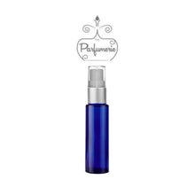 Load image into Gallery viewer, 10 ml cobalt glass atomizer with silver matte spray top, white pump, clear cap