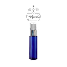 Load image into Gallery viewer, 10 ml cobalt glass perfume bottle with silver shiny spray collar, white pump, clear cap