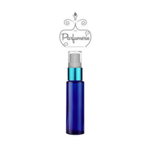 Load image into Gallery viewer, 10 ml cobalt glass travel atomizer with teal shiny spray top, white pump, clear cap