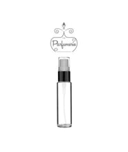 Load image into Gallery viewer, 10 ml clear glass fine mist atomizer with black shiny spray top, white pump, clear cap