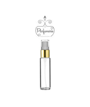 Load image into Gallery viewer, 10 ml clear glass perfume bottle with gold shiny spray top, white pump, clear cap