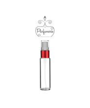 Load image into Gallery viewer, 10 ml clear glass travel atomizer with red shiny spray collar, white pump, clear cap