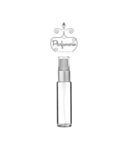 Load image into Gallery viewer, 10 ml clear glass atomizer with silver matte spray top, white pump, clear cap
