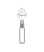 Load image into Gallery viewer, 10 ml clear glass perfume bottle with silver shiny spray collar, white pump, clear cap