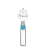 Load image into Gallery viewer, 10 ml clear glass travel atomizer with teal shiny spray top, white pump, clear cap