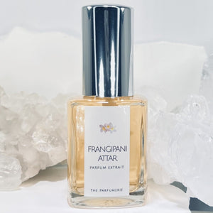 "30 ml Parfum Extrait concentrate of Frangipani in atomizer perfume bottle, crafted with organic cane alcohol."