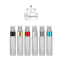 Load image into Gallery viewer, 10 ml fine mist refillable frosted glass travel atomizer with your choice of color spray top.