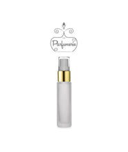 Load image into Gallery viewer, 10 ml frosted glass perfume bottle with gold shiny spray top, white pump, clear cap