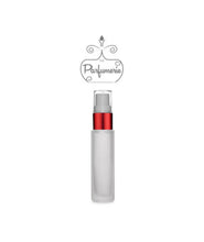 Load image into Gallery viewer, 10 ml frosted glass travel atomizer with red shiny spray collar, white pump, clear cap
