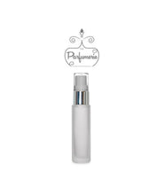 Load image into Gallery viewer, 10 ml frosted glass perfume bottle with silver shiny spray collar, white pump, clear cap