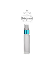 Load image into Gallery viewer, 10 ml frosted glass travel atomizer with teal shiny spray top, white pump, clear cap