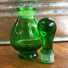 Load image into Gallery viewer, Green glass Potion Genie Bottle with Top off so you can see the ground glass stopper with plastic ring. 