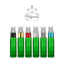 Load image into Gallery viewer, 10 ml fine mist refillable green glass travel atomizer with your choice of color spray top.